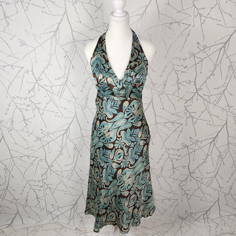 RW & Co Paisley Print Silk Satin Halter Babydoll Midi Dress